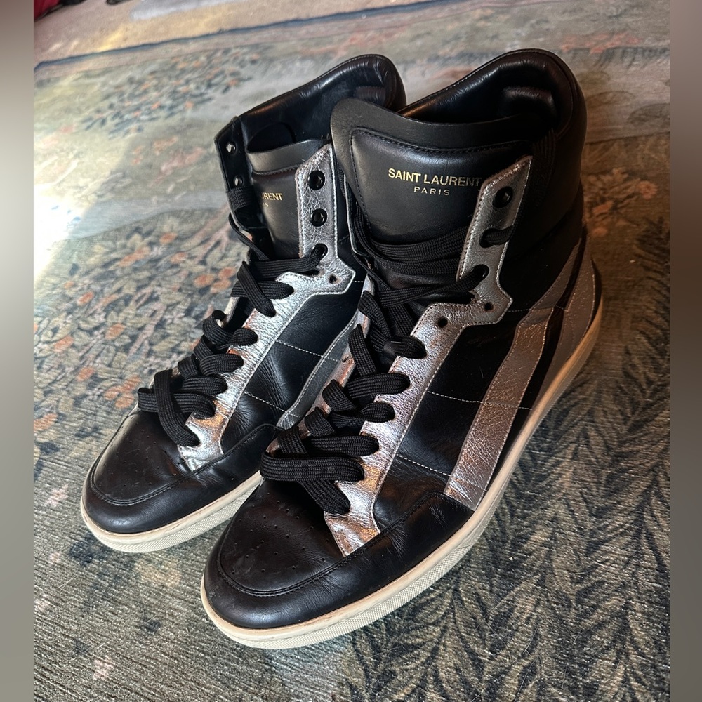 Saint Laurent Men's Black and Silver Leather High Tops Size 11